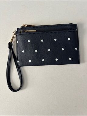 A NEW DAY Navy Blue White Polka Dot Wristlet Clutch Gold Wallet Organizer OSFA